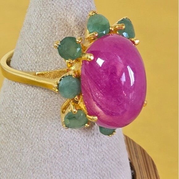 925 Sterling Silver Ring Sz 6.5 with Natural Oval Ruby 16x11mm & Emerald Gems - Picture 11 of 13